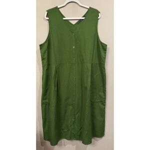 Gundrun Sjoden Green V Neck Button Down Dress XL Organic Cotton Lagenlook